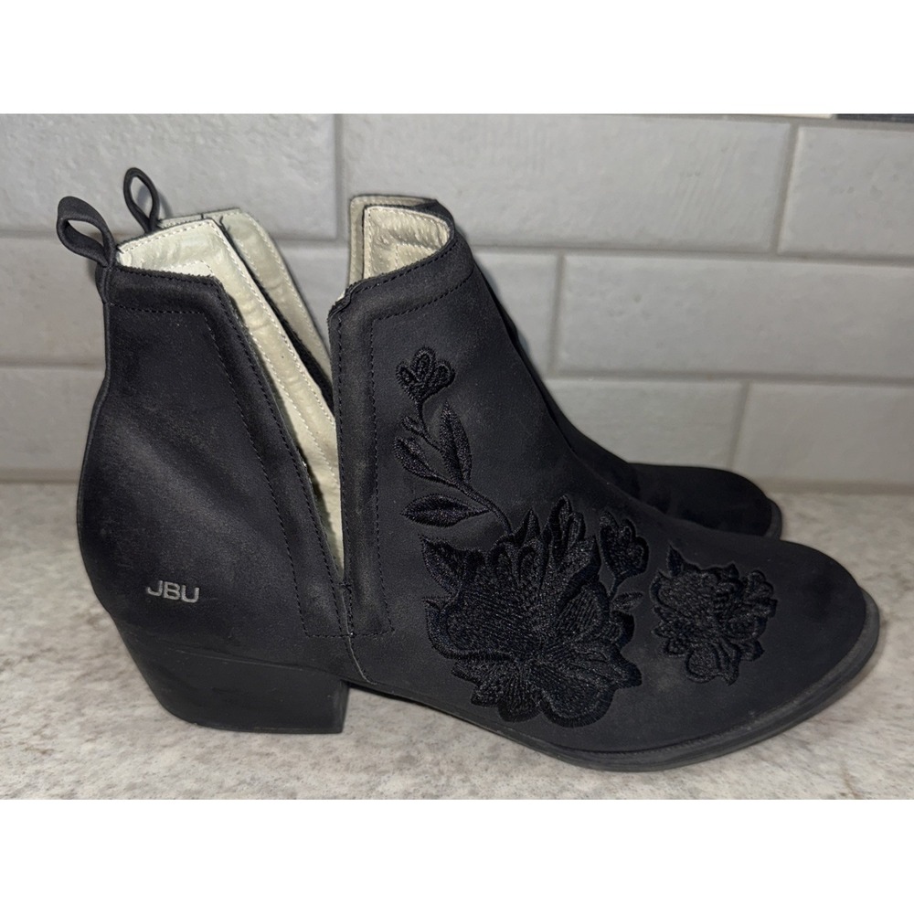 JBU Parker Ankle Boots Black Floral embroidery Women's 9 M Slit Side High Heel